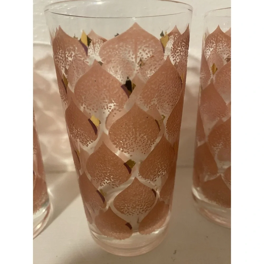 Vintage MCM Fred Press Glass Tumbler Set Of Four Pink And Gold High Ball Glasses